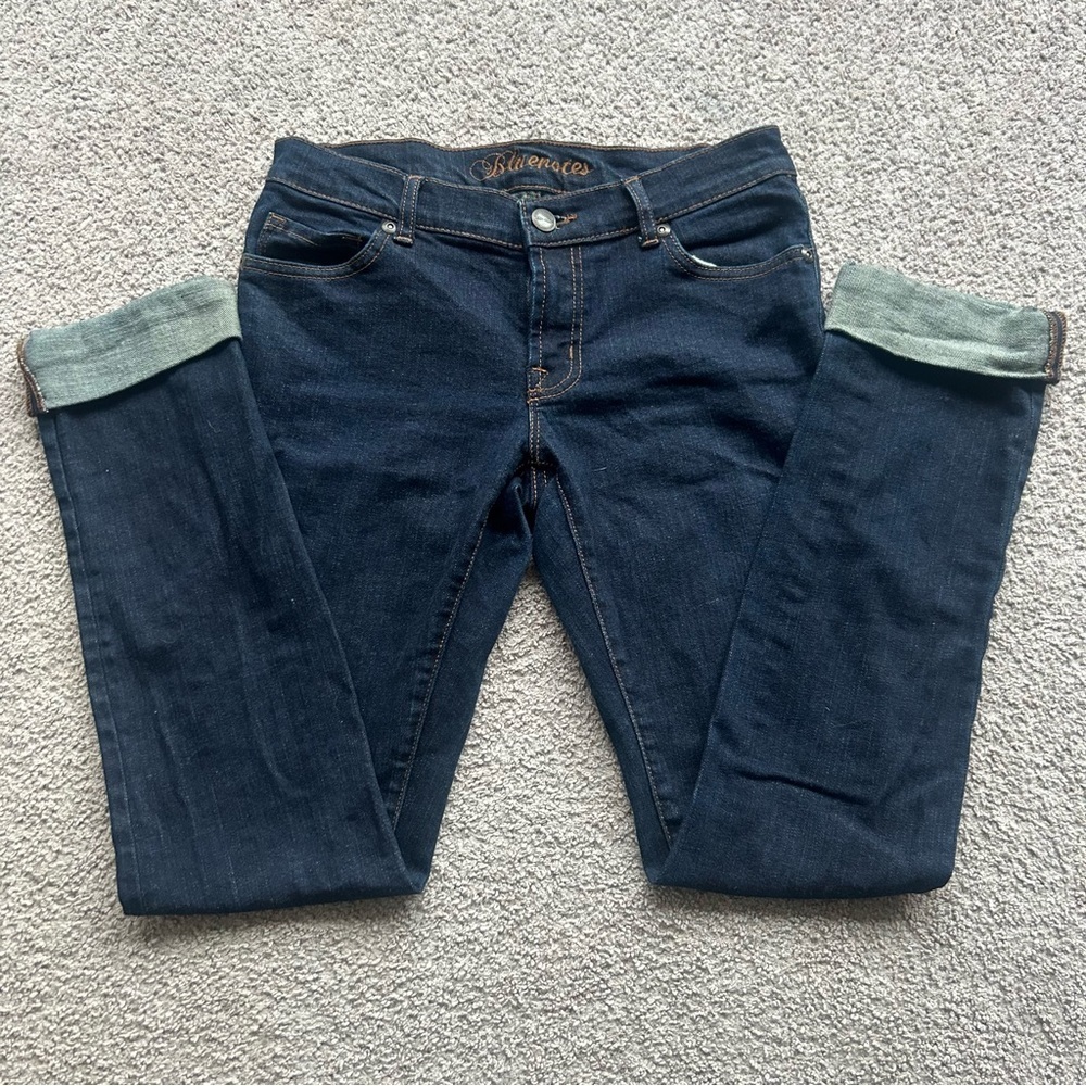 BLUENOTES jeans, size 27 on tag, darker blue, rolled up ankle cuff. Zipper front